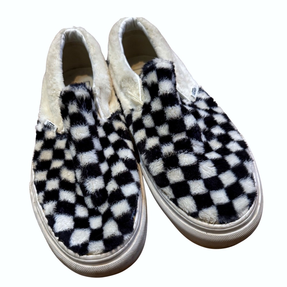 Vans Womens Casual Comfort Sherpa Checkerboard‎ Sneaker Black White Size 10.5